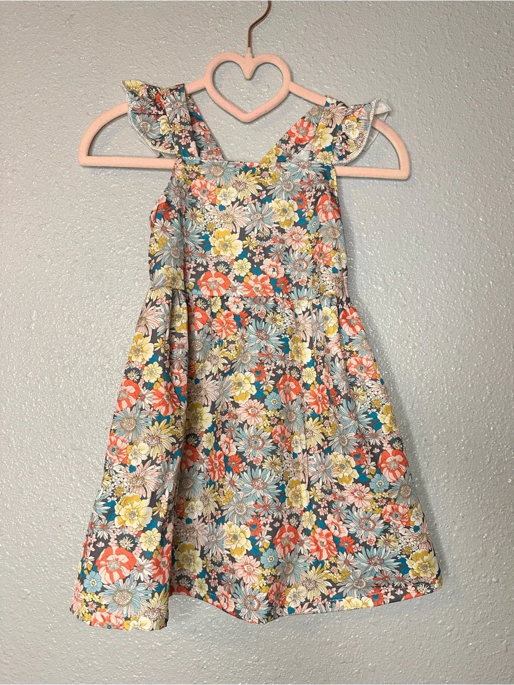Girls Floral Ruffled Strap Dress in Teal, Coral & Yellow